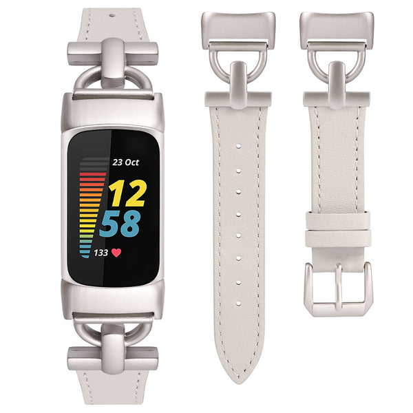 Wearlizer Leather Band Compatible with Fitbit Charge 5 Bands for Women, Dressy Slim Leather Strap Replacement Wristband with D-Shape Metal Buckle for Fitbit Charge 5 Band