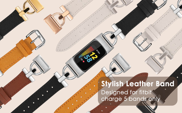 Wearlizer Leather Band Compatible with Fitbit Charge 5 Bands for Women, Dressy Slim Leather Strap Replacement Wristband with D-Shape Metal Buckle for Fitbit Charge 5 Band