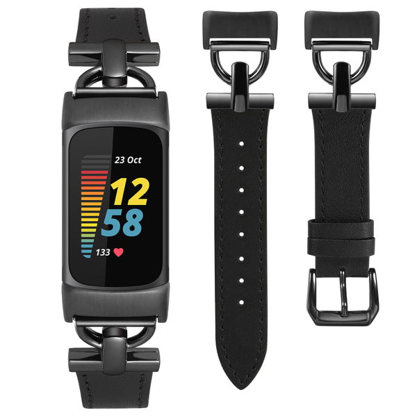 Wearlizer Leather Band Compatible with Fitbit Charge 5 Bands for Women, Dressy Slim Leather Strap Replacement Wristband with D-Shape Metal Buckle for Fitbit Charge 5 Band