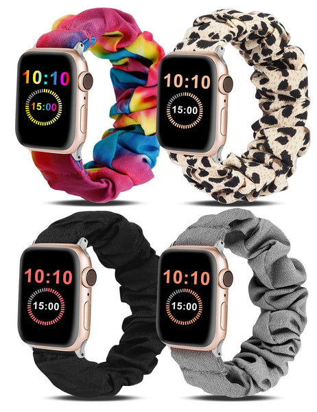 Wearlizer 4 Packs Apple Watch Band Scrunchie Soft Clot Cute Printed Elastic Watch Bands Women Stretchy