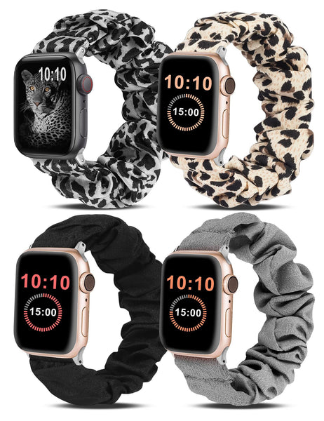 Wearlizer 4 Packs Apple Watch Band Scrunchie Soft Clot Cute Printed Elastic Watch Bands Women Stretchy
