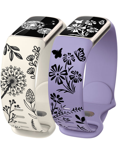 Wearlizer Floral Engraved Band Compatible with Fitbit Charge 6/5 Bands for Women, Two-Tone Flower Soft Silicone Cute Sport Strap