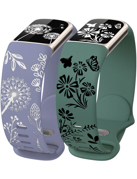 Wearlizer Floral Engraved Band Compatible with Fitbit Charge 6/5 Bands for Women, Two-Tone Flower Soft Silicone Cute Sport Strap