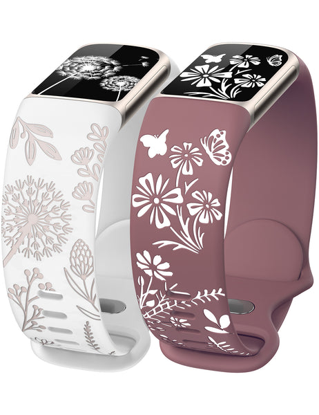 Wearlizer Floral Engraved Band Compatible with Fitbit Charge 6/5 Bands for Women, Two-Tone Flower Soft Silicone Cute Sport Strap