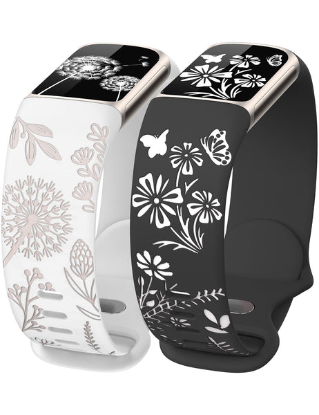 Wearlizer Floral Engraved Band Compatible with Fitbit Charge 6/5 Bands for Women, Two-Tone Flower Soft Silicone Cute Sport Strap