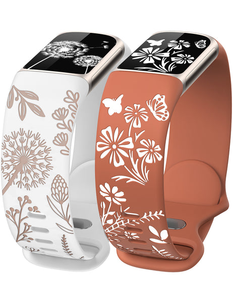 Wearlizer Floral Engraved Band Compatible with Fitbit Charge 6/5 Bands for Women, Two-Tone Flower Soft Silicone Cute Sport Strap