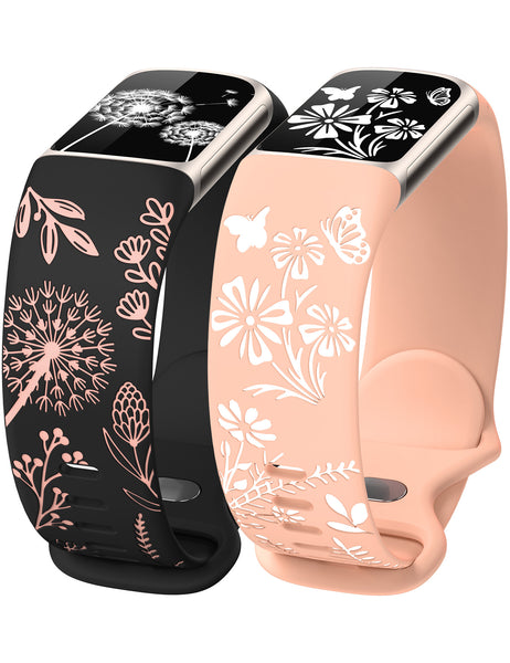 Wearlizer Floral Engraved Band Compatible with Fitbit Charge 6/5 Bands for Women, Two-Tone Flower Soft Silicone Cute Sport Strap