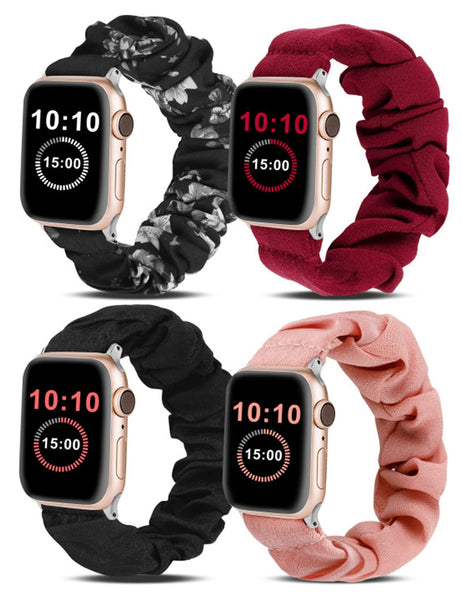 Wearlizer 4 Packs Apple Watch Band Scrunchie Soft Clot Cute Printed Elastic Watch Bands Women Stretchy