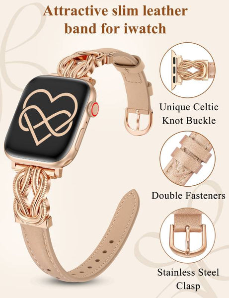 Wearlizer Leather Band Compatible with Apple Watch Bands for Women 40/38/41/44/42/45/46/49mm Fancy Dressy Slim Bracelet with Design Interlock Buckle for iWatch Series 10 9 8 Ultra SE 7 6 5 SE 4 3 2 1