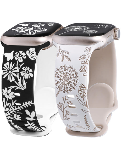 Wearlizer 2 Packs Floral Engraved Band Compatible with Apple Watch Bands 41mm 40mm 38mm 49mm 45mm 44mm 42mm Women