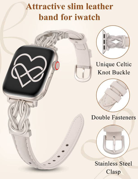 Wearlizer Leather Band Compatible with Apple Watch Bands for Women 40/38/41/44/42/45/46/49mm Fancy Dressy Slim Bracelet with Design Interlock Buckle for iWatch Series 10 9 8 Ultra SE 7 6 5 SE 4 3 2 1