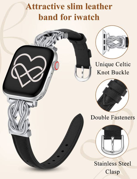 Wearlizer Leather Band Compatible with Apple Watch Bands for Women 40/38/41/44/42/45/46/49mm Fancy Dressy Slim Bracelet with Design Interlock Buckle for iWatch Series 10 9 8 Ultra SE 7 6 5 SE 4 3 2 1
