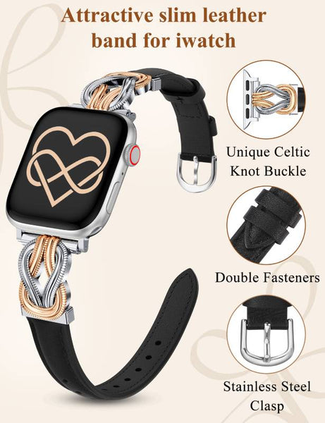 Wearlizer Leather Band Compatible with Apple Watch Bands for Women 40/38/41/44/42/45/46/49mm Fancy Dressy Slim Bracelet with Design Interlock Buckle for iWatch Series 10 9 8 Ultra SE 7 6 5 SE 4 3 2 1