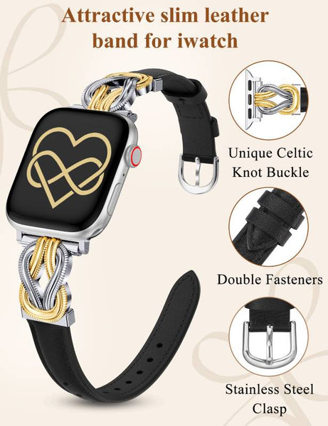 Wearlizer Leather Band Compatible with Apple Watch Bands for Women 40/38/41/44/42/45/46/49mm Fancy Dressy Slim Bracelet with Design Interlock Buckle for iWatch Series 10 9 8 Ultra SE 7 6 5 SE 4 3 2 1