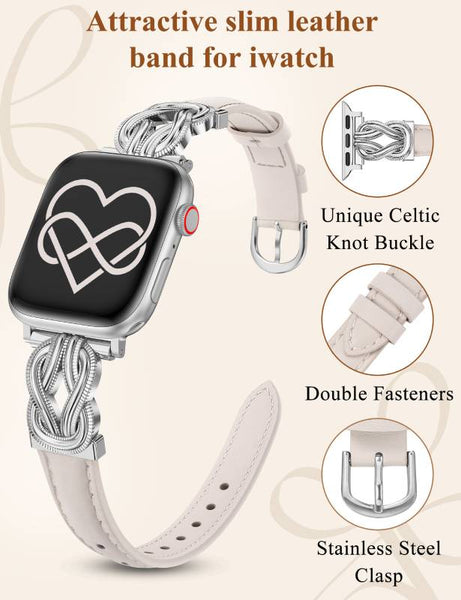 Wearlizer Leather Band Compatible with Apple Watch Bands for Women 40/38/41/44/42/45/46/49mm Fancy Dressy Slim Bracelet with Design Interlock Buckle for iWatch Series 10 9 8 Ultra SE 7 6 5 SE 4 3 2 1