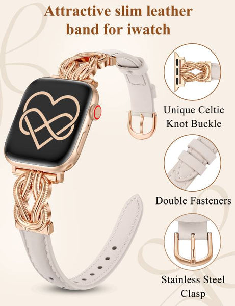 Wearlizer Leather Band Compatible with Apple Watch Bands for Women 40/38/41/44/42/45/46/49mm Fancy Dressy Slim Bracelet with Design Interlock Buckle for iWatch Series 10 9 8 Ultra SE 7 6 5 SE 4 3 2 1