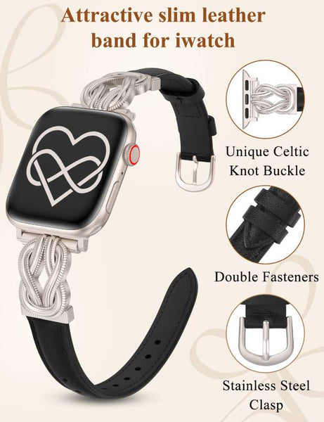 Wearlizer Leather Band Compatible with Apple Watch Bands for Women 40/38/41/44/42/45/46/49mm Fancy Dressy Slim Bracelet with Design Interlock Buckle for iWatch Series 10 9 8 Ultra SE 7 6 5 SE 4 3 2 1