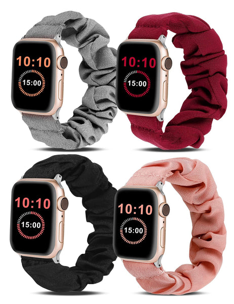 Wearlizer 4 Packs Apple Watch Band Scrunchie Soft Clot Cute Printed Elastic Watch Bands Women Stretchy