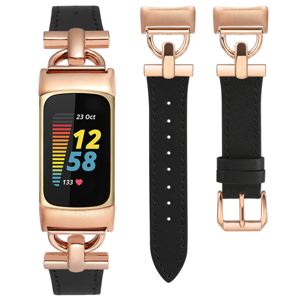 Wearlizer Leather Band Compatible with Fitbit Charge 5 Bands for Women, Dressy Slim Leather Strap Replacement Wristband with D-Shape Metal Buckle for Fitbit Charge 5 Band