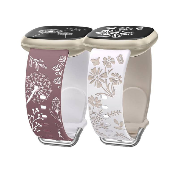 Wearlizer 2 Packs Floral Engraved Band Compatible with Fitbit Versa 4 Bands/Versa 3 Bands/Sense 2/Sense Bands Women, Cute Two-Tone Flower Soft Silicone Sport Strap for Versa 3 4 Sense 2 Watch Band