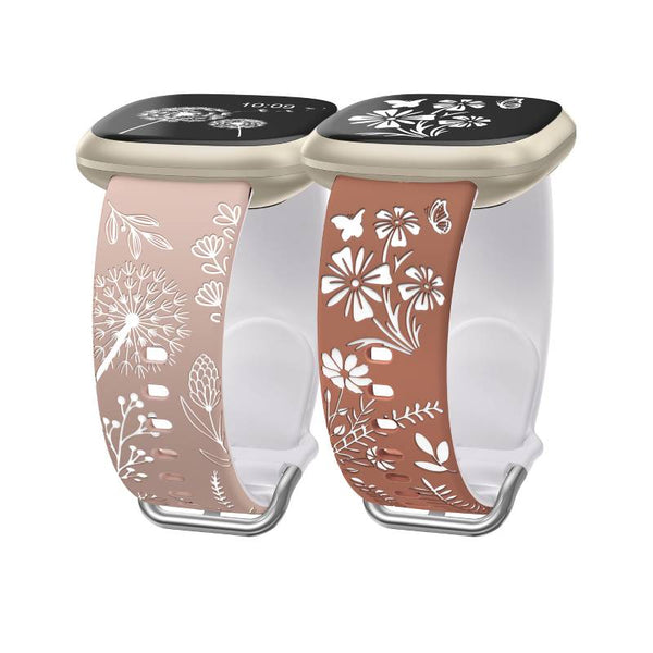 Wearlizer 2 Packs Floral Engraved Band Compatible with Fitbit Versa 4 Bands/Versa 3 Bands/Sense 2/Sense Bands Women, Cute Two-Tone Flower Soft Silicone Sport Strap for Versa 3 4 Sense 2 Watch Band