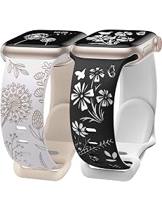 Wearlizer 2 Packs Floral Engraved Compatible with Apple Watch Bands 38/40/41/42/44/45/46/49mm Women, Cute Two-Tone Soft Silicone Strap for iWatch Series 11 10 9 8 7 6 5 4 3 SE/Ultra 3 2 1