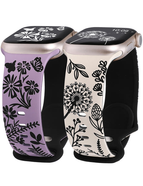 Wearlizer 2 Packs Floral Engraved Band Compatible with Apple Watch Bands 41mm 40mm 38mm 49mm 45mm 44mm 42mm Women