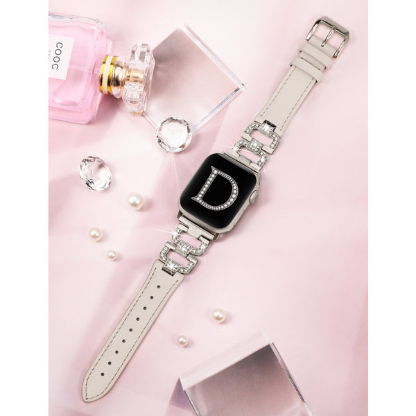 Wearlizer Leather Band Compatible with Apple Watch Bands 41mm 40mm 38mm 44mm 45mm 42mm 49mm Ultra 2 Women, Dressy Fancy Bling D-Shape Diamond Leather Strap for iWatch Bands Series 9 8 7 6 5 4 3 2 1 SE