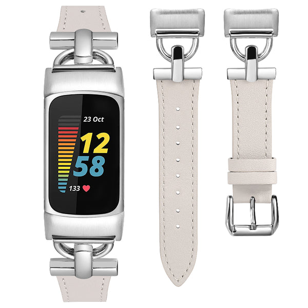 Wearlizer Leather Band Compatible with Fitbit Charge 5 Bands for Women, Dressy Slim Leather Strap Replacement Wristband with D-Shape Metal Buckle for Fitbit Charge 5 Band