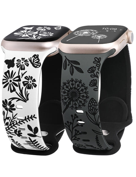 Wearlizer 2 Packs Floral Engraved Band Compatible with Apple Watch Bands 41mm 40mm 38mm 49mm 45mm 44mm 42mm Women
