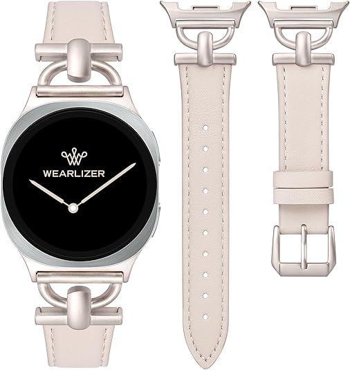 Wearlizer Leather Bands Compatible with Samsung Galaxy Watch 8 Band 40mm 44mm/Watch 8 Classic 46mm, Dressy Designer Slim Leather Strap Wristband Accessories with D-Shape Metal Buckle for Women