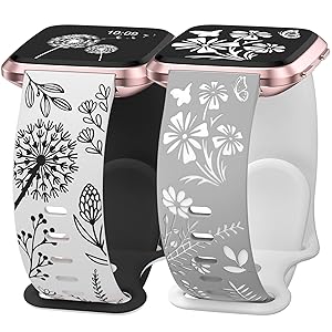 Wearlizer 2 Packs Floral Engraved Band Compatible with Fitbit Versa 2 Bands for Women, Two-Tone Flower Soft Silicone Cute Sport Strap for Versa Lite/SE Smart Watch