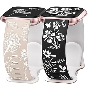 Wearlizer 2 Packs Floral Engraved Band Compatible with Fitbit Versa 2 Bands for Women, Two-Tone Flower Soft Silicone Cute Sport Strap for Versa Lite/SE Smart Watch
