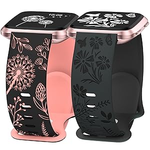 Wearlizer 2 Packs Floral Engraved Band Compatible with Fitbit Versa 2 Bands for Women, Two-Tone Flower Soft Silicone Cute Sport Strap for Versa Lite/SE Smart Watch