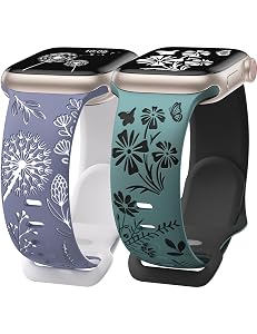 Wearlizer 2 Packs Floral Engraved Compatible with Apple Watch Bands 38/40/41/42/44/45/46/49mm Women, Cute Two-Tone Soft Silicone Strap for iWatch Series 11 10 9 8 7 6 5 4 3 SE/Ultra 3 2 1