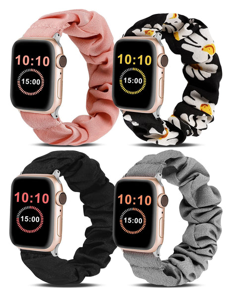 Wearlizer 4 Packs Apple Watch Band Scrunchie Soft Clot Cute Printed Elastic Watch Bands Women Stretchy