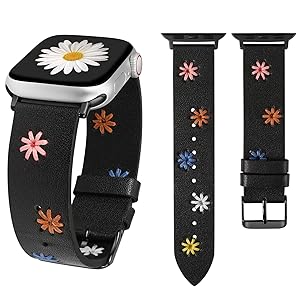 Wearlizer Floral Band Compatible with Apple Watch Bands Women 41/40/38/45/44/42/46/49mm(Ultra) Cute Fancy Handmade Daisy Stitched Leather Designer Strap for iWatch Series 11/10/9/8/SE/7/6/5/4/3/2/1