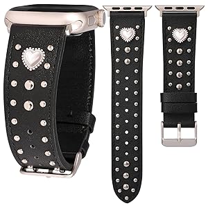 Wearlizer Leather Band Compatible with Apple Watch Bands Women 42/46/38/40/41/44/45/49mm, Dressy Fancy Designer Pretty Heart Charms Studded Strap for iWatch Series 11 10 9 8 7 6 5 4 SE/Ultra 3 2 1