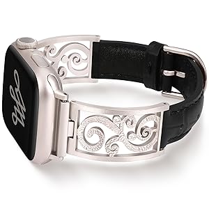 Wearlizer Slim Leather Band Compatible with Apple Watch Bands Women 41/40/38/42/44/45/46/49mm, Dressy Fancy Thin Designer Vintage Filigree Strap for iWatch Series 11 10 9 8 7 6 5 4 3 SE/Ultra 3 2 1
