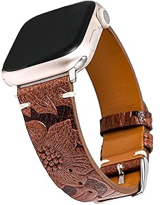 Wearlizer Retro Floral Relief Band Compatible with Apple Watch Bands 41/40/38/4245/44/42/46/49mm, Soft Leather Western Vintage Classical Strap for Women iWatch Series 11/10/9/8/7/6/5/4/3/2/1/SE/Ultra