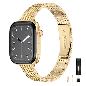 Wearlizer Slim Metal Band Compatible with Apple Watch Bands for Women 40/38/41/42/44/45/46/49mm, Dressy Stainless Steel Strap Gold Silver Bracelet for iWatch Series 11 10 9 8 7 6 5 4 SE/Ultra 3 2 1