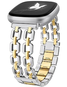 Wearlizer Metal Band Compatible with Fitbit Versa 4 Bands for Woman/Versa 3/Sense 2/Sense Bands Women, Dressy Chain Strap Designer Stainless Steel Bracelet Wristband