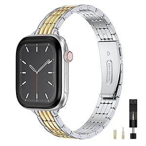 Wearlizer Slim Metal Band Compatible with Apple Watch Bands for Women 40/38/41/42/44/45/46/49mm, Dressy Stainless Steel Strap Gold Silver Bracelet for iWatch Series 11 10 9 8 7 6 5 4 SE/Ultra 3 2 1