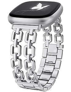Wearlizer Metal Band Compatible with Fitbit Versa 4 Bands for Woman/Versa 3/Sense 2/Sense Bands Women, Dressy Chain Strap Designer Stainless Steel Bracelet Wristband