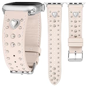 Wearlizer Leather Band Compatible with Apple Watch Bands Women 42/46/38/40/41/44/45/49mm, Dressy Fancy Designer Pretty Heart Charms Studded Strap for iWatch Series 11 10 9 8 7 6 5 4 SE/Ultra 3 2 1