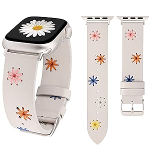 Wearlizer Floral Band Compatible with Apple Watch Bands Women 41/40/38/45/44/42/46/49mm(Ultra) Cute Fancy Handmade Daisy Stitched Leather Designer Strap for iWatch Series 11/10/9/8/SE/7/6/5/4/3/2/1
