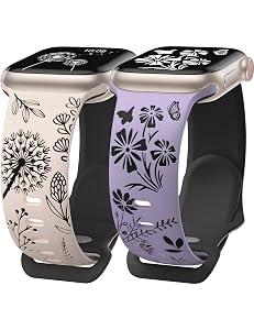 Wearlizer 2 Packs Floral Engraved Compatible with Apple Watch Bands 38/40/41/42/44/45/46/49mm Women, Cute Two-Tone Soft Silicone Strap for iWatch Series 11 10 9 8 7 6 5 4 3 SE/Ultra 3 2 1