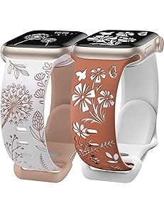 Wearlizer 2 Packs Floral Engraved Compatible with Apple Watch Bands 38/40/41/42/44/45/46/49mm Women, Cute Two-Tone Soft Silicone Strap for iWatch Series 11 10 9 8 7 6 5 4 3 SE/Ultra 3 2 1