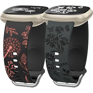 Wearlizer 2 Packs Floral Engraved Band Compatible with Fitbit Versa 4 Bands for Woman/Versa 3/Sense 2/Sense Bands Women, Cute Two-Tone Flower Soft Silicone Sport Strap