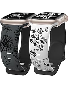 Wearlizer 2 Packs Floral Engraved Compatible with Apple Watch Bands 38/40/41/42/44/45/46/49mm Women, Cute Two-Tone Soft Silicone Strap for iWatch Series 11 10 9 8 7 6 5 4 3 SE/Ultra 3 2 1